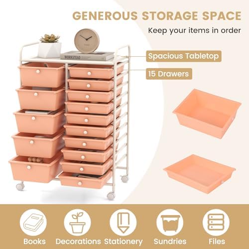 LDAILY 15 Drawer Rolling Storage Cart, Rolling Cart with Drawers for Classroom, Art Supply Craft Organizer on Wheel with Metal Frame & Handles for Home Office School - Image 4