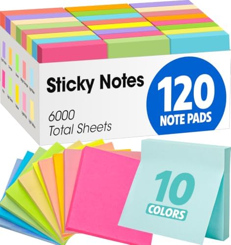 120 Pads Sticky Notes 3x3, Bright Colors Self-Stick Pads Bulk, Super Sticky Notes, School Supplies, Office Products, 50 Sheet/Pad by YesBes