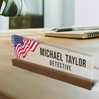 Artblox Personalized Office Desk Name Plate With Business Card Holder | Clear Acrylic Glass with Teak Wood Stand | Us Flag Design Customized with Your Name and Credentials Office Desk Décor - Image 2