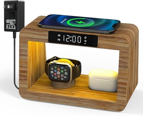 Bamboo Charging Station for Multiple Devices, 15W Fast Wireless Charger Night Light with 3 Color& 4 Adjustable Brightness, Night Stand Charger Station for iPhone/iWatch/AirPods (6955) by Alltripal