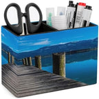 PU Leather Multi-Compartment Pen Holder Desktop Organizer Pencil Cup Storage Caddy for Office Home Supplies Wooden Pier Jetty On Lake Serene Mountain And Clear Sky Reflection by Unknown