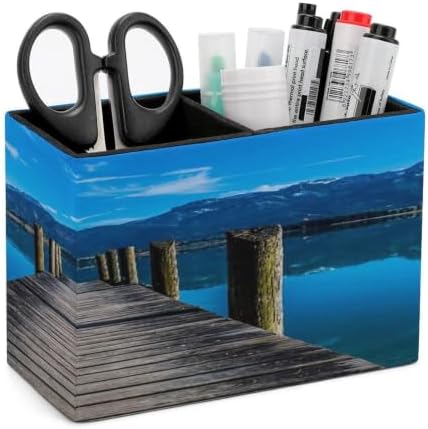 PU Leather Multi-Compartment Pen Holder Desktop Organizer Pencil Cup Storage Caddy for Office Home Supplies Wooden Pier Jetty On Lake Serene Mountain And Clear Sky Reflection by Unknown