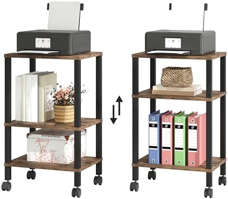 3-Tier Printer Stand with Storage, Mobile Printer Cart with Rolling Casters & Adjustable Feet, Under Desk Storage Shelf for Home Office, Small Printers,Rustic Brown, 15.7" x 11.8" x 25.9" - Image 7