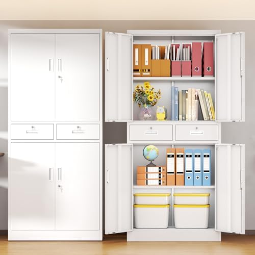 BESFUR Metal Storage Cabinet with 2 Drawers and Adjustable Shelves, 71" H Reinforced Heavy Duty Locking Storage Cabinet for Office, Garage, Home, School, Utility(White) - Image 4