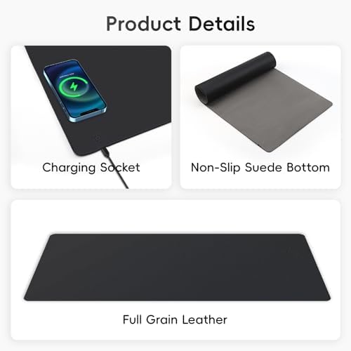 Mouse Pad with Wireless Charging, PU Leather Fast Charging Gaming Mouse Pad, Waterproof Anti-Slip Surface, Easy Clean Office Table Mat, 32L x 16W x 0.15H inches, Black(Right Side Charging Port) - Image 6