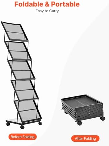 VEVOR Brochure Display Rack, Foldable 5 Pockets Magazine Literature Display Stand, Movable Floor Standing Magazine Rack with Wheels, Metal Newspaper Catalog Holders for Shop Exhibitions Office Show - Image 5