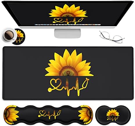 Ergonomic Mouse Pad Set, Desk Mat(31.5×11.8 in) + Keyboard Wrist Rest Support + Mouse Wrist Rest + Coasters for Office,Home,Computer,Laptop -Sunflower Nurse Pattern Black Gaming Large Mousepads by JVGFYNKL