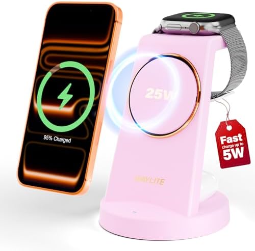 3 in 1 Fast Charging Station for iPhone, 25W Wireless Magnetic Phone Charger for iPhone 17 16e 16 15 14 13 12 Serise, Watch Charger Stand, Wireless Charging Station for AirPods 4 3 Pro, Pink by WAYLITEWirelessCharger