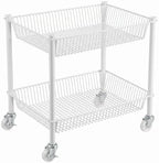 2 Tier Small Utility Cart on Wheels Short Rolling Pantry Cart Thick Metal Wire Basket Stand, Fruit Vegetables Storage Rack for Kitchen, Under Desk Storage for Small Space Bathroom Laundry, White by Ufriandz