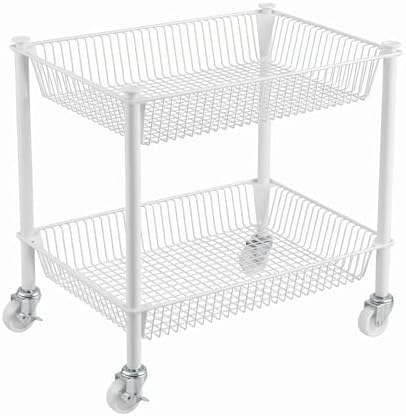 2 Tier Small Utility Cart on Wheels Short Rolling Pantry Cart Thick Metal Wire Basket Stand, Fruit Vegetables Storage Rack for Kitchen, Under Desk Storage for Small Space Bathroom Laundry, White by Ufriandz