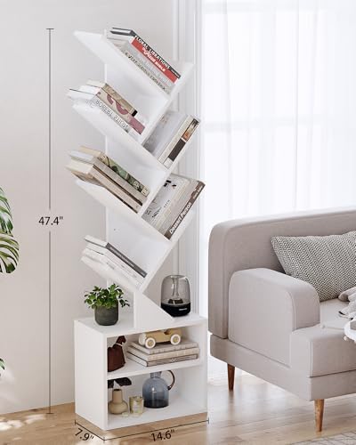 SUNMORY 6 Tier Tree Bookshelf, Tall Small Bookcase with Storage Cabinet - Image 3