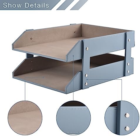 Leather Desk Letter Tray,Office Supplies Paper Organizer for Mail Paper Files Magazines Jewelry Cosmetics,Fashion Letter Holder& 2-Tier Multipurpos Stackable Office Desktop Storage Box,Grey - Image 4
