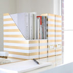 BLU MONACO | Cardboard Magazine File Holder Set of 4 Gold White Stripes | Vertical Magazine File Holder with Label Slots | Standing File Holder and Cardboard Bins for Shelves Desk Classroom - Image 3