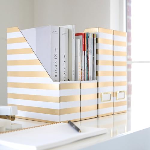 BLU MONACO | Cardboard Magazine File Holder Set of 4 Gold White Stripes | Vertical Magazine File Holder with Label Slots | Standing File Holder and Cardboard Bins for Shelves Desk Classroom - Image 3
