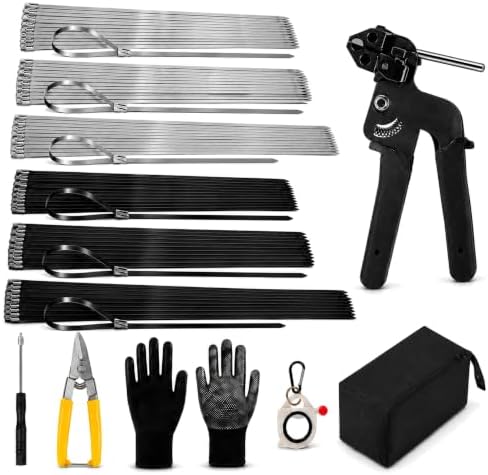 Stainless Steel Cable Tie Gun Set – 500PCS Silver & Black Metal Zip Ties (8/12", 100PCS Each; 16", 50PCS Each) with Scissors, Gloves, Storage Bag for Fence Exhaust Automotive by ADLMPW