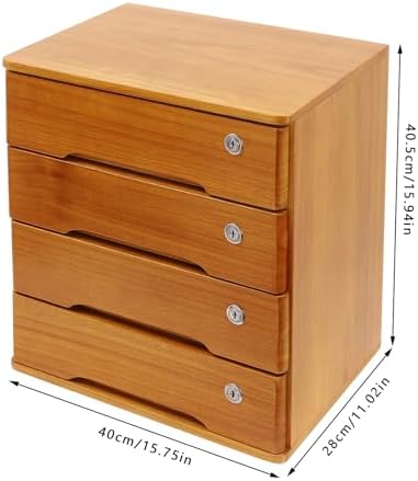 4 Drawers Wooden Desktop Storage Box W/Lockable Drawers,16 In H Office Supplies File Organizer, Flat File Cabinet,Wood Rail & Curved Handle For Dresser Tabletop. (Wood Yellow) - Image 3