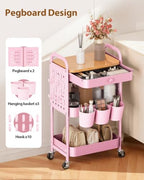 ALVOROG 3 Tier Metal Rolling Cart with Drawer,Wood Top,Pegboards,Pink - Image 3