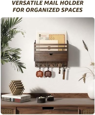 Rebee Vision Mail Organizer Wall Mount with Hooks for Entryway, Retro Brown - Image 2