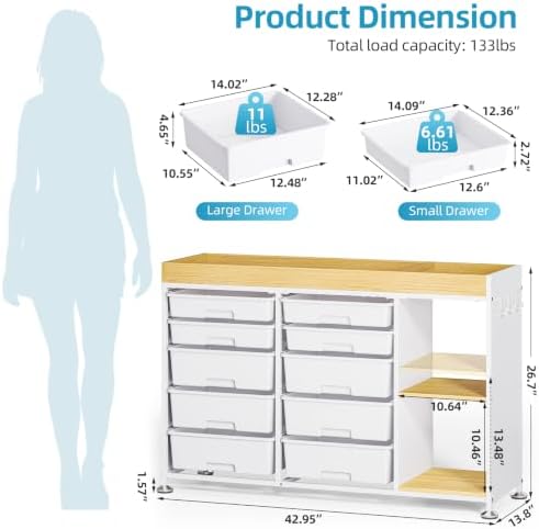 10 Drawer Storage Cabinet with Height-Adjustable Shelves & Wood Top, White - Image 3