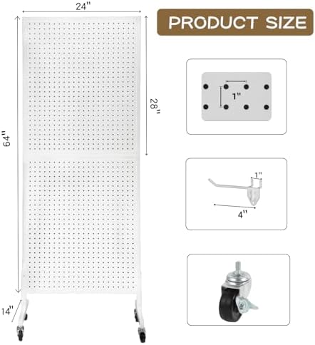 Eastern Tree Metal Pegboard Display Stand 2'x 5' with 30 Hooks, Pegboard Panels Display with Wheels, Peg Board Display Rack, Standing Pegboard Display- White - Image 2