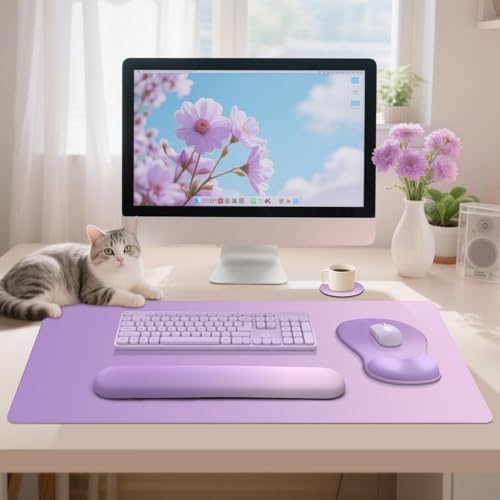 4-in-1 Large Gaming Mouse Pad, Keyboard Wrist Rest Pad & Wrist Support Mousepad Set, Extended Desk Pad Waterproof Desk Mat for Home Office Decor Study Game 35.4×15.7 Inches I Purple Pink Lavender - Image 2
