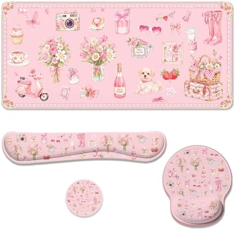 Pink Collage Desk Mat Set Coquette Floral Cute Aesthetic Large Mouse Pad with Wrist Rest 4in1 Desk Mat for Desktop Ergonomic Computer Desk Arm Wrist Anti-Slip Computer Mouse Pad Home Office Gaming by Unknown