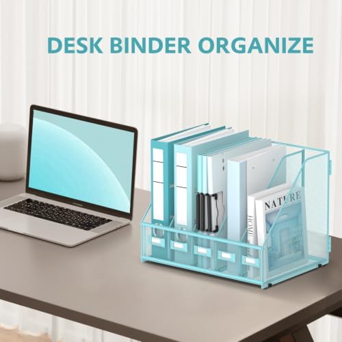 5 Vertical Compartments Magazine File Holder, Metal Binder Organizer, Blue - Image 6
