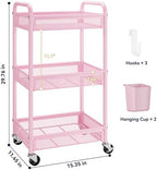 YASONIC 3 Tier Metal Rolling Cart, Pink Utility Storage Cart with Wheels - Image 6