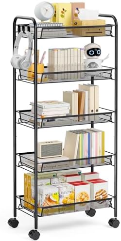 TOOLF 5 Tier Rolling Cart, Metal Utility Storage Cart with Wheels, Black by TOOLF