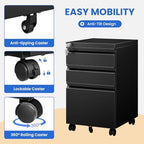 MIIIKO File Cabinet 3 Drawers on Wheels Under Desk, Black Metal Rolling File Cabinets with Lock for Home Office, Un-Assembled Filing Cabinet with Lock - Image 6