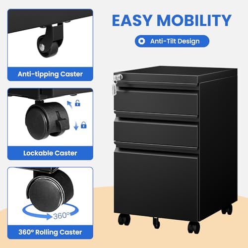 MIIIKO File Cabinet 3 Drawers on Wheels Under Desk, Black Metal Rolling File Cabinets with Lock for Home Office, Un-Assembled Filing Cabinet with Lock - Image 6