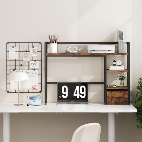 Marbrasse Desk Shelf with Drawer, 40" Desk Hutch for Computer Monitor, Wooden Desktop Bookshelf Storage Rack for Home Office Dorm - Dark Brown - Image 5