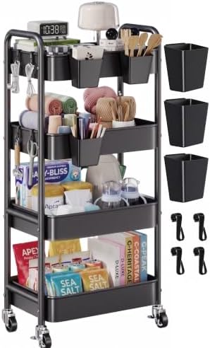 4 Tier Rolling Cart Metal with Wheels, Black Storage Carts,38in Tall by Aofure