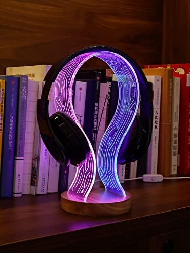 YuanDian Headphone Stand, Walnut Wood Headset Holder with Blue Pink LED Night Light for Gamers, Men, and Music Lovers - Perfect Desk Gift Idea - Image 4