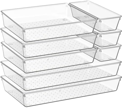 Criusia 8 Pack Drawer Organizer for Kitchen Gadgets, Large Clear Plastic Drawer Divider for Kitchen Accessories, Bathroom Organizers and Storage, Home Essentials for Makeup and Vanity Accessories by Criusia