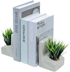 MyGift Decorative Bookends, Heavy Duty Book Ends with Artificial Green Grass Plants, Book Stands for Office Desktop, Bookshelf, Modern Gray Concrete L-Shaped by MyGiftHome