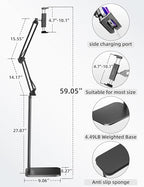 Tablet Floor Stand with 4.5LB Heavy Metal Base,Overhead Bed Phone Stand Angle Height Adjustable Holder, Universal Phone Mount for iPad iPhone Pro Air Mini, Samsung Tab, Kindle, E-Readers... - Image 5