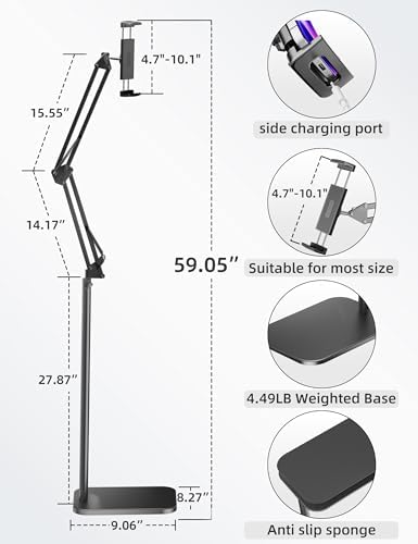 Tablet Floor Stand with 4.5LB Heavy Metal Base,Overhead Bed Phone Stand Angle Height Adjustable Holder, Universal Phone Mount for iPad iPhone Pro Air Mini, Samsung Tab, Kindle, E-Readers... - Image 5