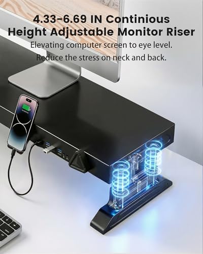Height Adjustable Dual Monitor Stand Riser with 6-Port USB Hub, Black - Image 2