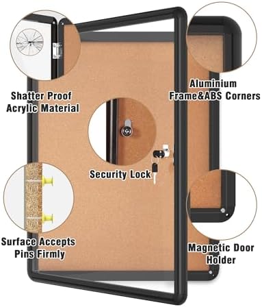 Mifuro 26"x20" Enclosed Bulletin Board, Lockable Weather-Resistant Aluminum Cork Noticeboard for School & Office, Black Frame w/Cork - Image 3