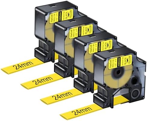Nineleaf 4 Pack Compatible for DYMO 1805444 Rhino Heat Shrink Tube Industry Label Tape 24mm 1" x 5ft Black on Yellow Wire Tapes for Industrial Rhino Pro 6000 Label Maker by NineLeaf