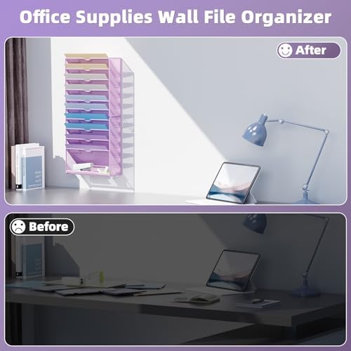 Marbrasse Wall File Holder 11-Tier Hanging Wall File Organizer, for Papers, Files Clipboard & Magazine Organizer, Wall Mount File Holder Great for Office Home (Purple) - Image 6