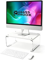 Acrylic Monitor Stand Riser L14" x H5" | Multi-Purpose Desk Organizer for Monitor & Laptop, Compatible with PC, Apple Studio Display and Printer, Ideal for Home Workspaces & Office Desks (White) by GRASSBROOK