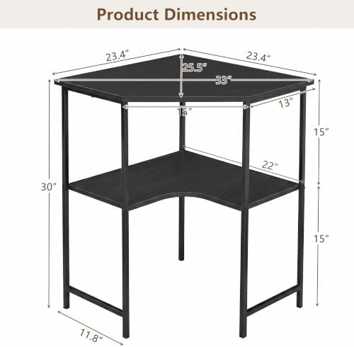 VECELO Small Corner Desk, Triangle Computer Desk with Storage Shelves for Small Spaces, 33 x 30 inches Corner Makeup Table for Home Office Bedroom, Black - Image 3