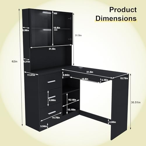 43.3" Black L Shaped Office Desk with Glass Cabinets and Drawers - Image 2