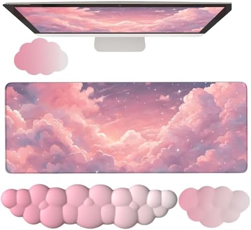 Pink Cloud Large Mouse Pad for Desk Cloud Keyboard Wrist Rest 4PCS Extended Cloud Desk Mat Pad Set Memory Foam Non-Slip Ergonomic Cute Gaming Mouse Pad Wrist Support for Computer Laptop Home Office by WFCYGL