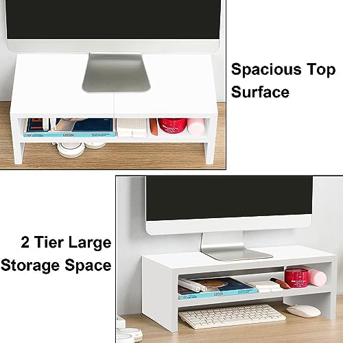 TEAMIX 20 inch White Monitor Riser Stand - 2 Tiers, Wood Desktop Bookshelf - Image 3