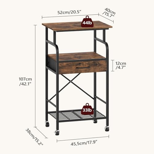 MAHANCRIS Tall Printer Stand, 3 Tier Printer Cart with Storage, Industrial Printer Table on Wheels, Adjustable Shelf & Fabric Drawer, for Home Office Study Rustic Brown PTHR5401 - Image 3