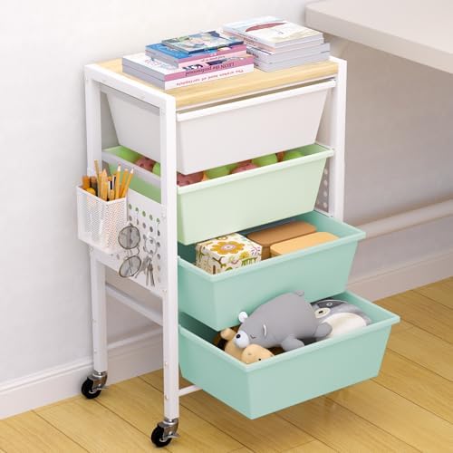 Rolling Cart with Drawers, Rolling Storage Cart with Large Plastic Drawers & Wooden Tabletop, Utility Cart with Pegboards & Basket, Storage Drawers Cart for Living Room, Classroom, Bedroom, Office by Unknown