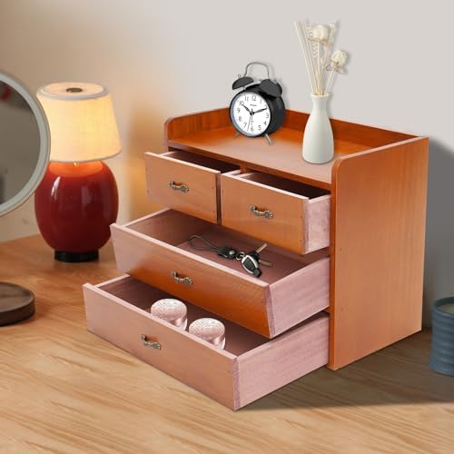 Wooden Desktop Organizer - 3-Tier Office Supplies Filing Tidy Storage Shelf - Storage Cabinet/Jewelry Organizer with 4 Drawers - Image 6